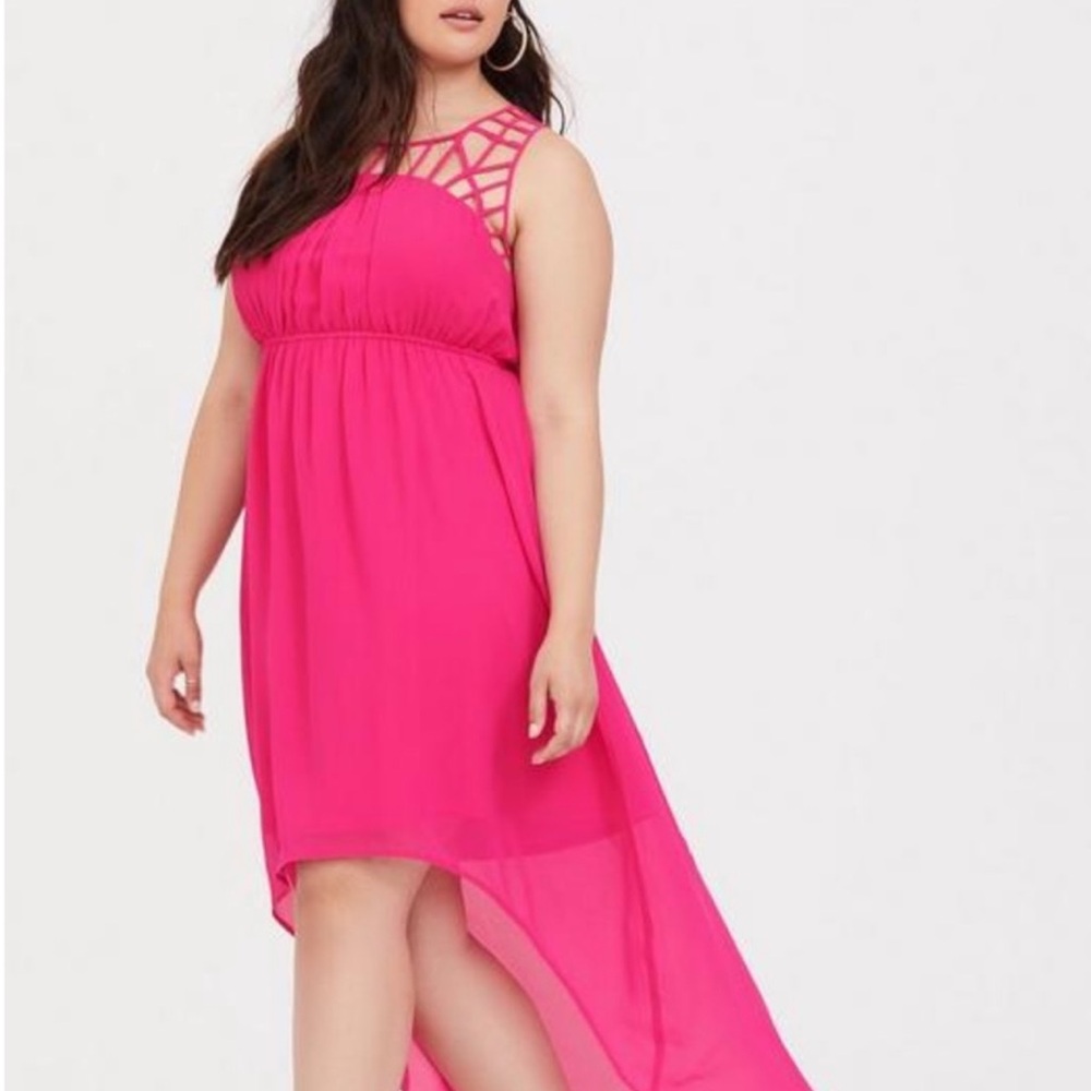 Torrid neon pink cage chest hi low chiffon dress size 5 - Picture 2 of 5